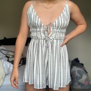 boutique black and white striped lace up romper
